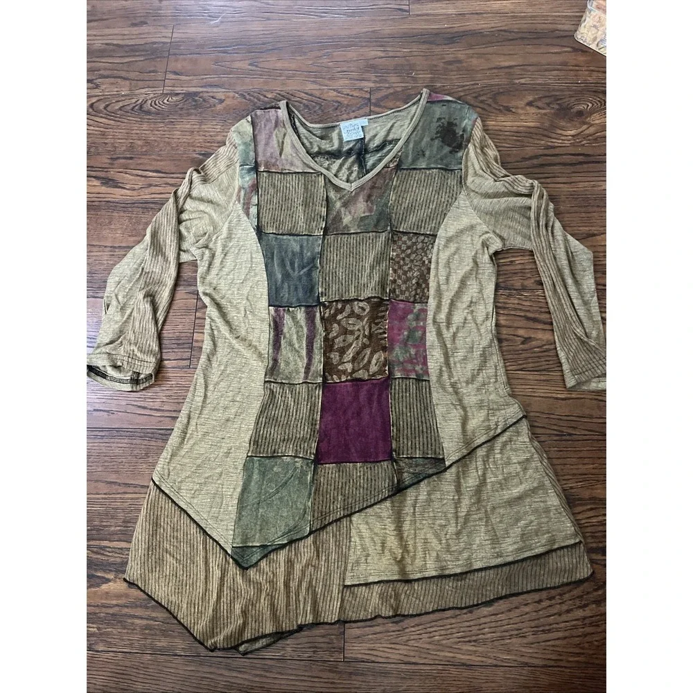 NWOT Parsley & Sage Earth L Patchwork Stripe Geometric 3/4 Sleeve V Neck Dress